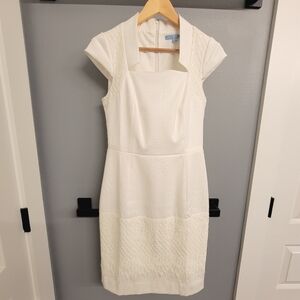 Antonio Melani White Textured Sheath Midi Dress With Ivory Lace & Cap Sleeves